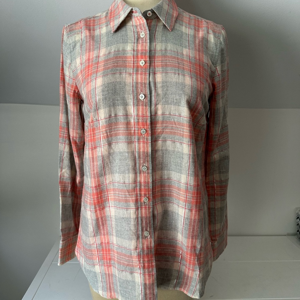 Talbots Orange & Gray Plaid w/ metallic threading Button-Up Shirt